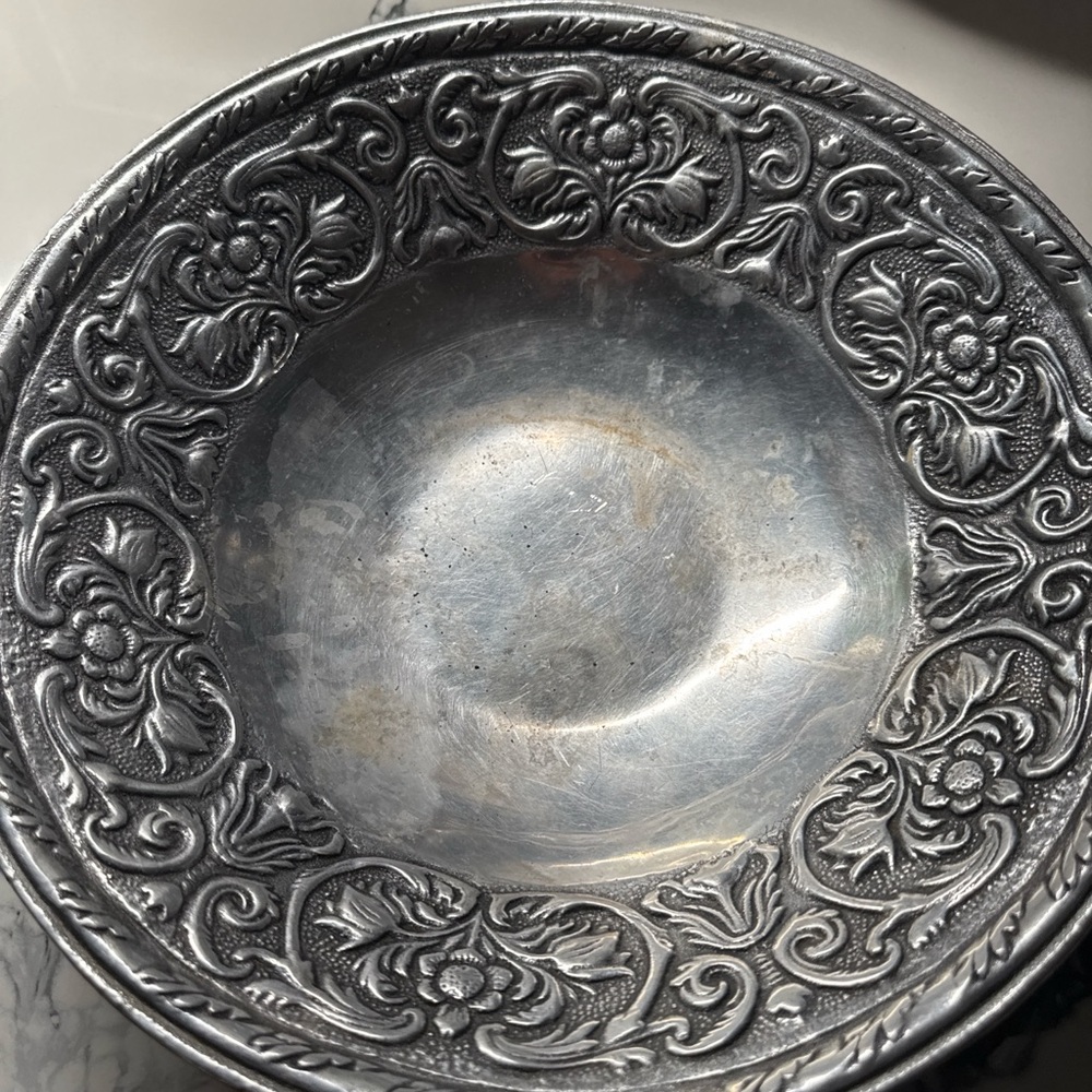 Decorative Silver-Tone Ornate Serving Bowl